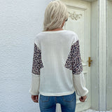 Women Knitted Sweater Autumn Loose round Neck Base Leopard Splicing