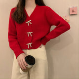 Women Knitwear Spring and Autumn V-neck Bowknot Knitted Sweater