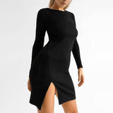 Women Dress Black Knitted Dress Slim-Fit Long Sleeve round Neck Tight Skirt