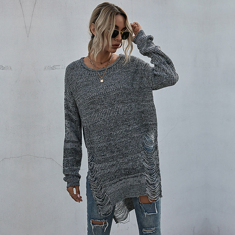 Women Knitted Sweater Women's Long Sleeve round Neck Ripped Knitted Mori Style Sweater