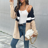 Women Knitted Sweater Autumn and Winter Leisure Contrast Color Long Sleeves Sweater Cardigan Coat