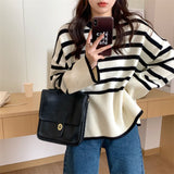 Women Knitwear Autumn Winter Retro Striped round Neck Sweater Loose Sweater