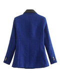 Women Suits Autumn Leisure Color Block Tweed Double Breasted Long Sleeve Suit Coat