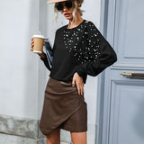 Women Knitted Sweater Autumn Winter Retro Top Bead Long Sleeve Black Sweater