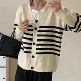 Women Knitwear Autumn and Winter Stripes V-neck Sweater Coat Loose Knitted Cardigan