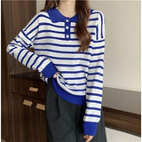 Women Knitwear Autumn and Winter Striped Polo Collar Knitwear Loose Retro Sweater