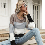 Women Knitted Sweater Autumn and Winter Leisure Fashion Colorblock Long Sleeve Sweater Outer Wear