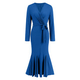 Women Date Dress Knitted Long Sleeve V-neck Lace-up Fishtail Skirt