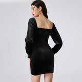 Women Dress Long Sleeve Puff Sleeve Sexy Velvet Party Dress