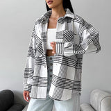 Women Trench Coat Winter Plaid Long Sleeve Shirt Loose Casual Shirt Coat