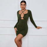 Women Dress Sexy Cutout Tight Skirt Short Skirt Sheath Long Sleeve Dress