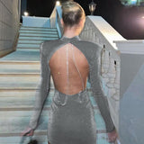 Women Dresses Autumn Sexy Backless Crew Neck Long Sleeve Narrow Dress