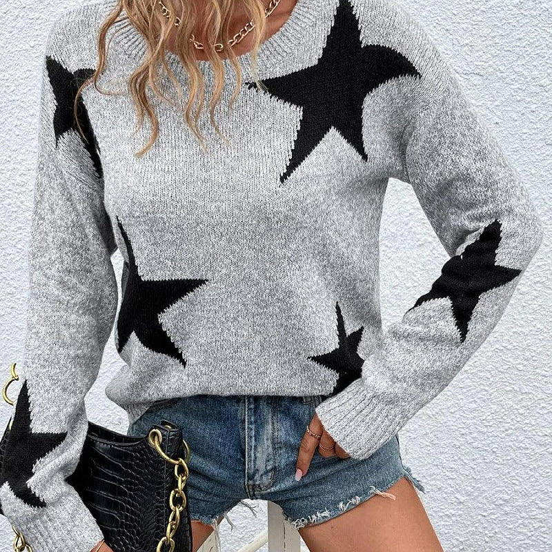 Women Knitted Sweater Autumn and Winter Women's Knitting Sweater round Neck Long Sleeve Five-Star Jacquard Pullover Sweater