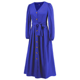 Women Date Dress Single-Breasted Cardigan Skirt V-neck Bubble Long Sleeve Dress