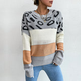 Women Knitted Sweater Autumn and Winter Long Sleeve Leopard Print Contrast Color Knitted Sweater