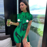 Women Jumpsuit Summer Printed Slim round Neck Zipper Short-Sleeved Jumpsuit