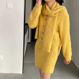 Women Knitted Two-Piece Set Cardigan Skirt Scarf Three-Piece Set Button Knitted Sweater Casual Suit 1t8852