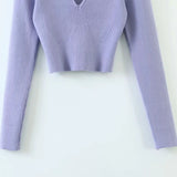 Women Sweater Knitwear Vintage Low-Neck Sweater Spring and Autumn Long Sleeve Short Top