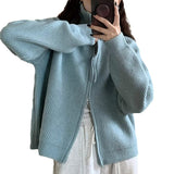 Women Knitwear Autumn and Winter Zipper Turtleneck Sweater Loose Knitted Cardigan