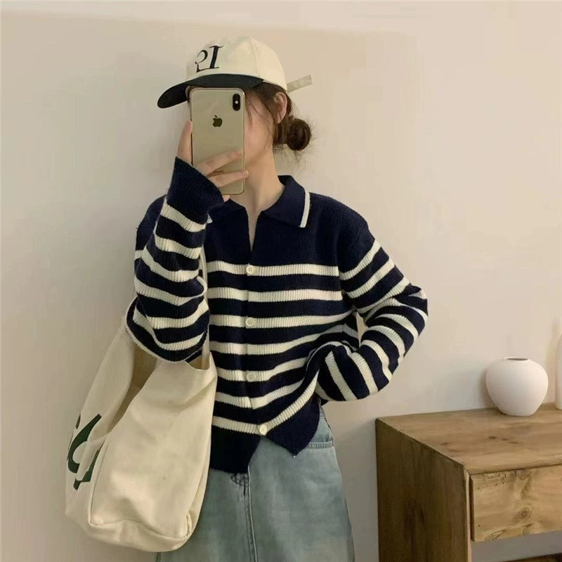 Women Knitwear Autumn and Winter Striped Lapel Sweater Slim-Fit Knitted Cardigan