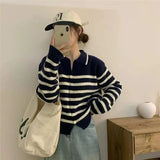 Women Knitwear Autumn and Winter Striped Lapel Sweater Slim-Fit Knitted Cardigan