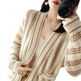 Women Knitwear Autumn Vintage Color-Block V Neck Sweater Female Loose Knitted Cardigan