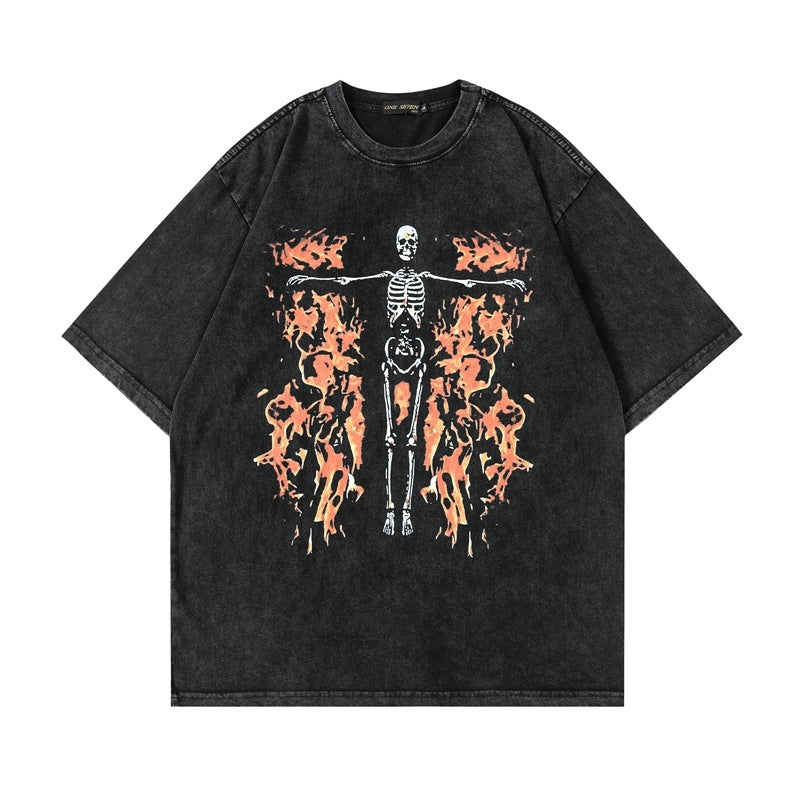 Men T Shirt Retro Fashion Brand Skull Flame Print T-shirt