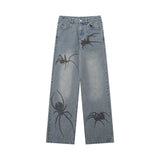 Women Pants Spider Print Straight Jeans Loose-Fitting Wide-Leg Trousers