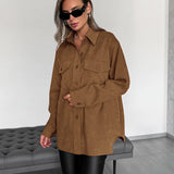 Women Trench Coat Corduroy Coat Autumn and Winter Long Sleeve Retro Long-Sleeved Fleece Sweater