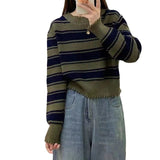 Women Knitwear Autumn Winter Retro Striped round Neck Sweater Loose Sweater