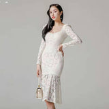 Women Maxi Dress Spring and Autumn Dress Square Collar Long Sleeve Lace Dress