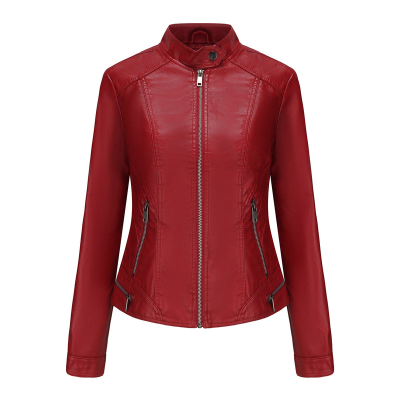 Red Leather Jacket Women's Leather Top Long Sleeve Spring and Autumn Thin Jacket