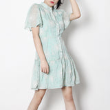 Women Dresses Summer Retro Short Sleeve Dress Stand Collar Single-Breasted Skirt (Qymy0409)
