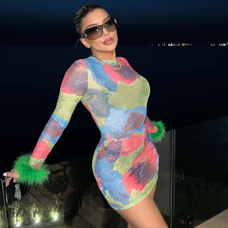 Women Dresses Fall Slim Fit round-Neck Long-Sleeved Dress