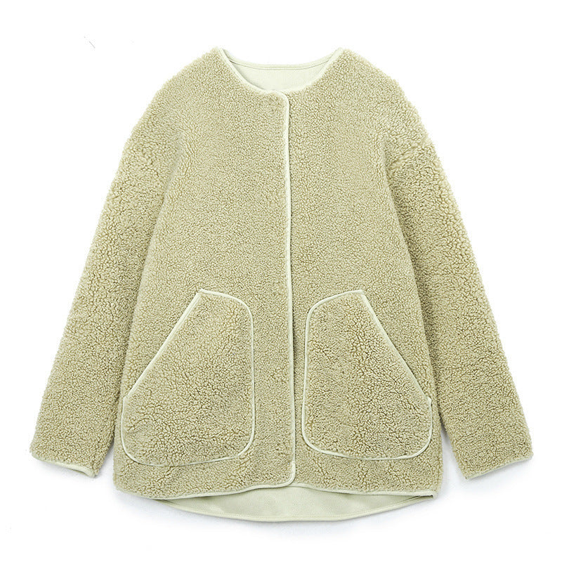 Women Jacket Faux Lamb Fleece Jacket Slim Fit Casual Loose Cardigan round Neck Zipper