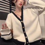 Women Knitwear Autumn Winter Retro Contrast Color V-neck Sweater Loose Knitted Cardigan