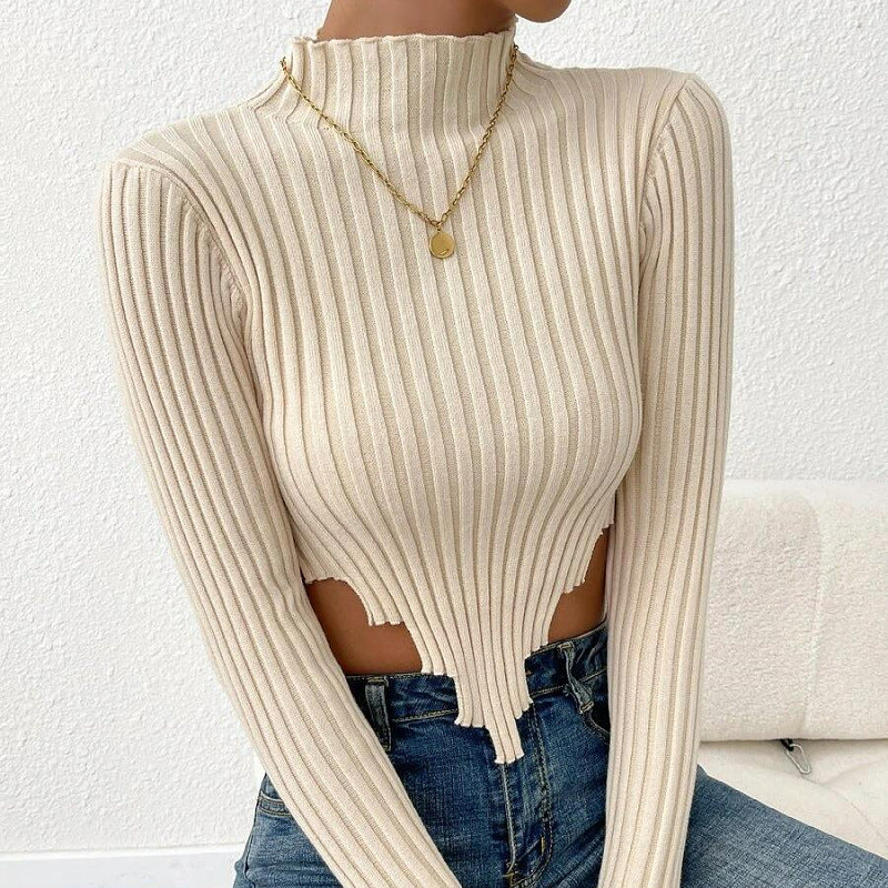 Women Knitted Sweater Turtleneck Knitting Sweaters Women's Clothing Long Sleeve Short Sexy Midriff-Baring Top