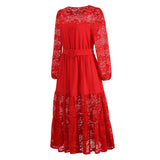 Women Date Dress Autumn Winter Sexy Long Sleeve round Neck Lace Long Dress Dress