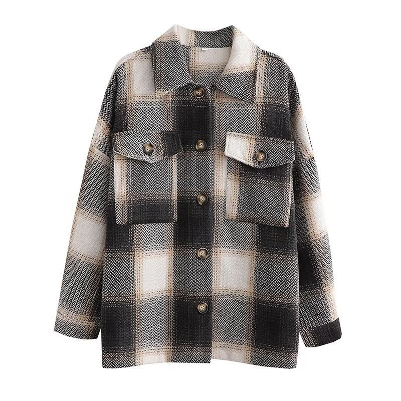 Women Jacket Autumn and Winter Plaid Shirt Loose Casual Shirt Coat