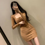 Women Dresses Square Collar Button Long Sleeve Dress Open Collar Low-Necked Sexy Hip Skirt