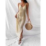 Women Knit Beach Cover Beach Casual Solid Color Knitted Spaghetti Straps Knitted Dress