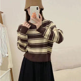 Women Knitwear Autumn Winter Retro Striped round Neck Sweater Loose Sweater