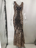 Women Evening Gown Sexy V-neck Vintage Party Sequins Dress