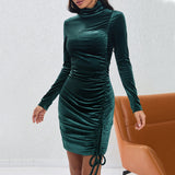 Women Dress Autumn Winter Sexy Tight Sheath Short Dress Turtleneck Velvet Dress