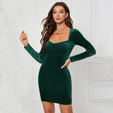 Women Dress Square Collar Velvet Slim Fit Sheath Dress