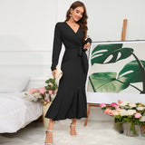Women Date Dress Knitted Long Sleeve V-neck Lace-up Fishtail Skirt