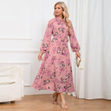 Women Date Dress Autumn Long Sleeve Lace Stand Collar Belt Long Dress