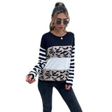 Women Knitted Sweater Loose round Neck Pullover Black and White Leopard Print Sweater