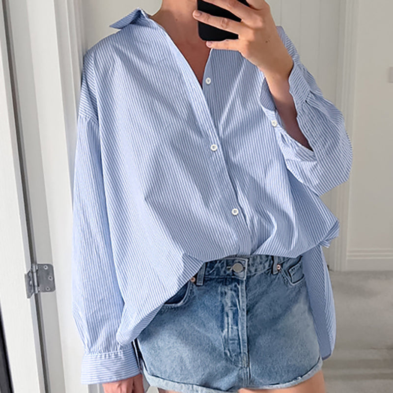 Women Trench Coat Blue Striped Long Sleeve Shirt Casual Winter