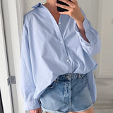 Women Trench Coat Blue Striped Long Sleeve Shirt Casual Winter